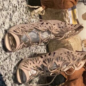 Beige lace up, zip back peeptoe sandal size 10